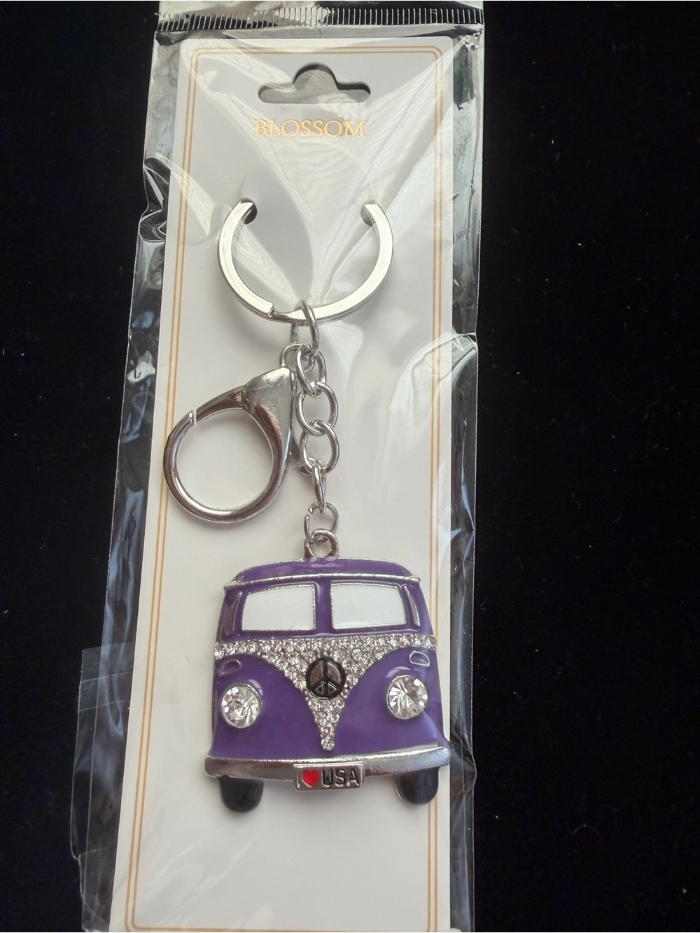 Purple VW Style Hippie Van Rhinestone Keychain Purse Charm Peace Sign Boho NWT
